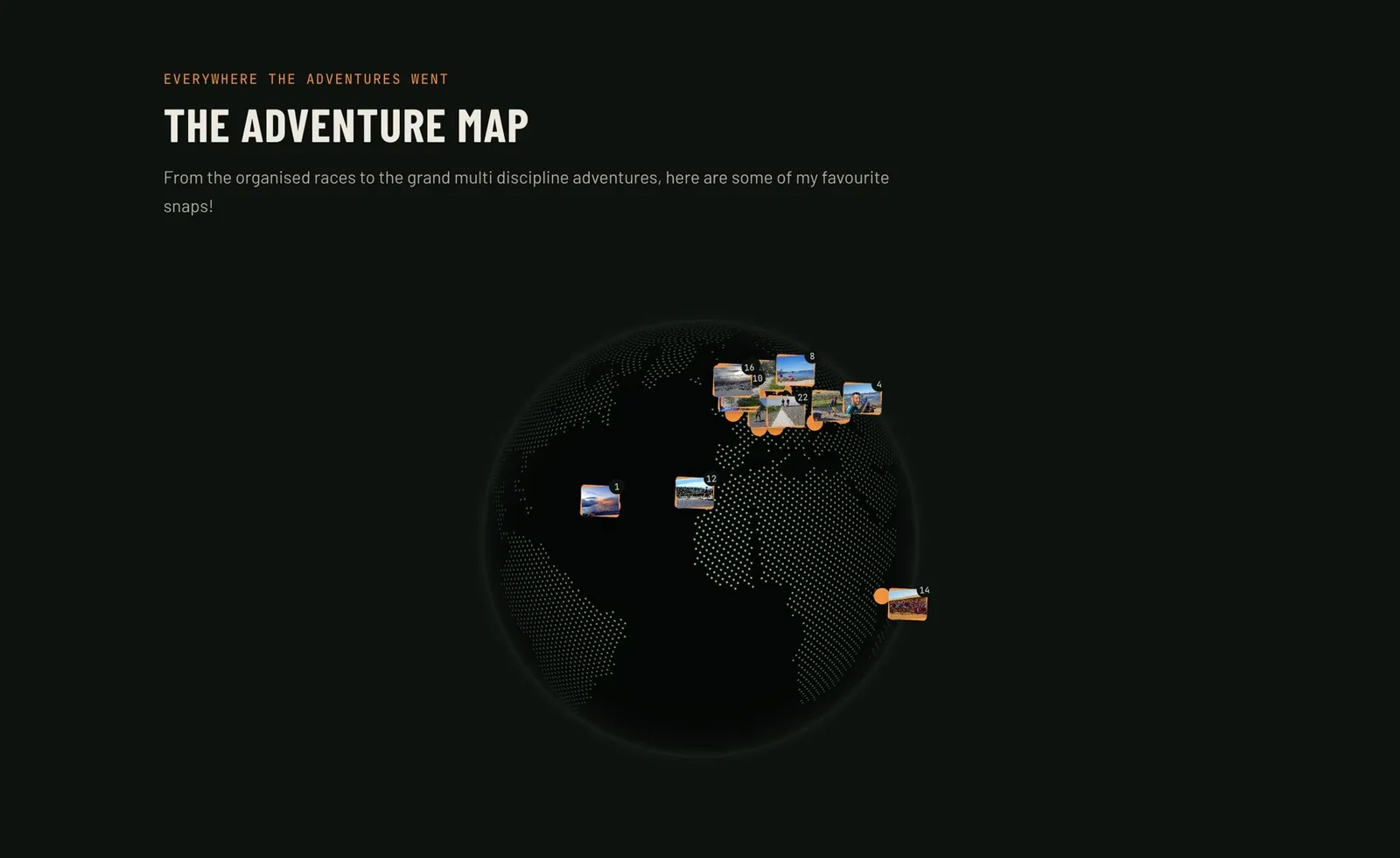 The adventure map — an interactive 3D globe with photo clusters pinned to expedition locations