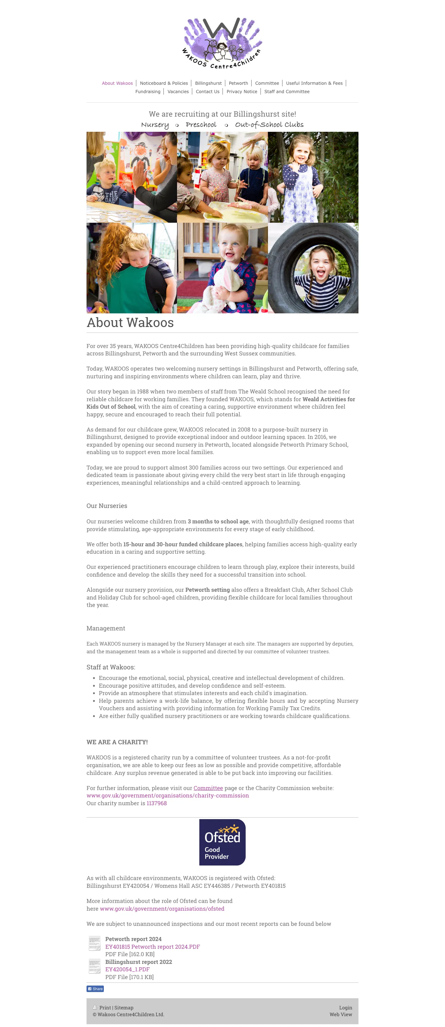 The old Wakoos Centre4Children homepage in full, a single long column of text on a fixed-width layout